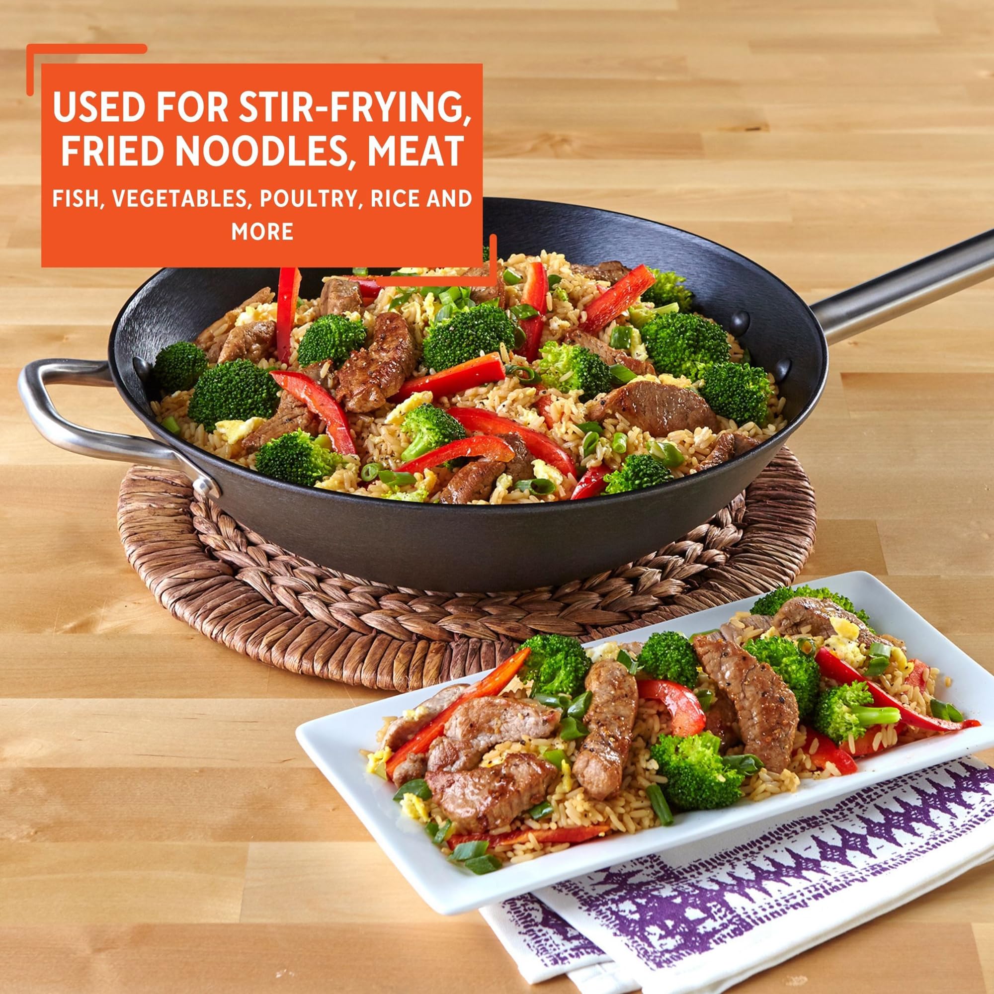Imusa LCI-19008 USA 14" Light Cast Iron Wok Pre-seasoned Non-Stick with Stainless Steel Handles Cookware, Black - Image 6