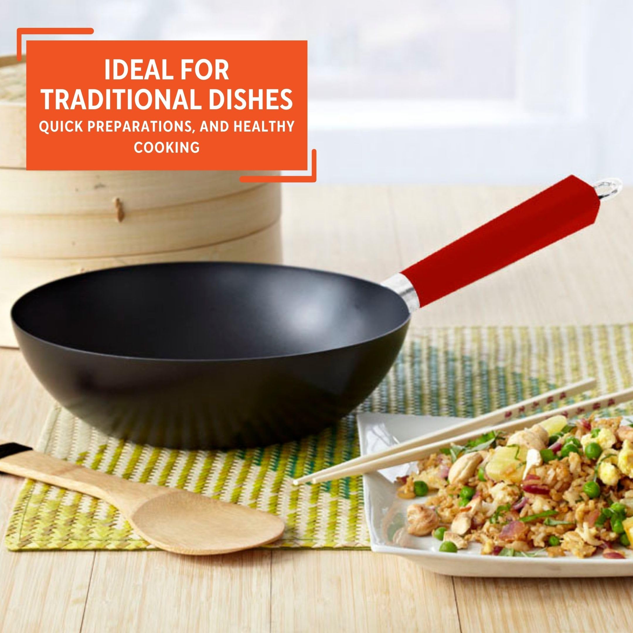 IMUSA USA Inch, Red PAN-10046 12" Nonstick Carbon Steel Wok, Handle - Image 6